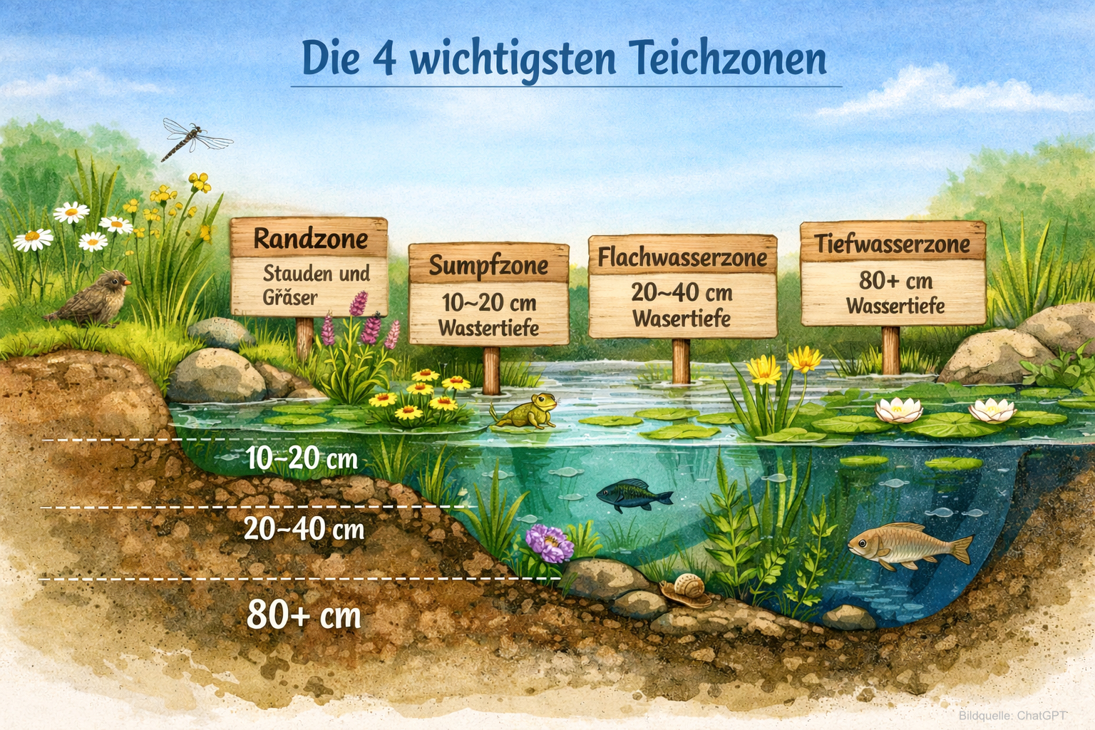 Die 4 wichtigsten Teichzonen. Die verschiedenen Wasserzonen sind entscheidend für einen stabilen Naturteich.