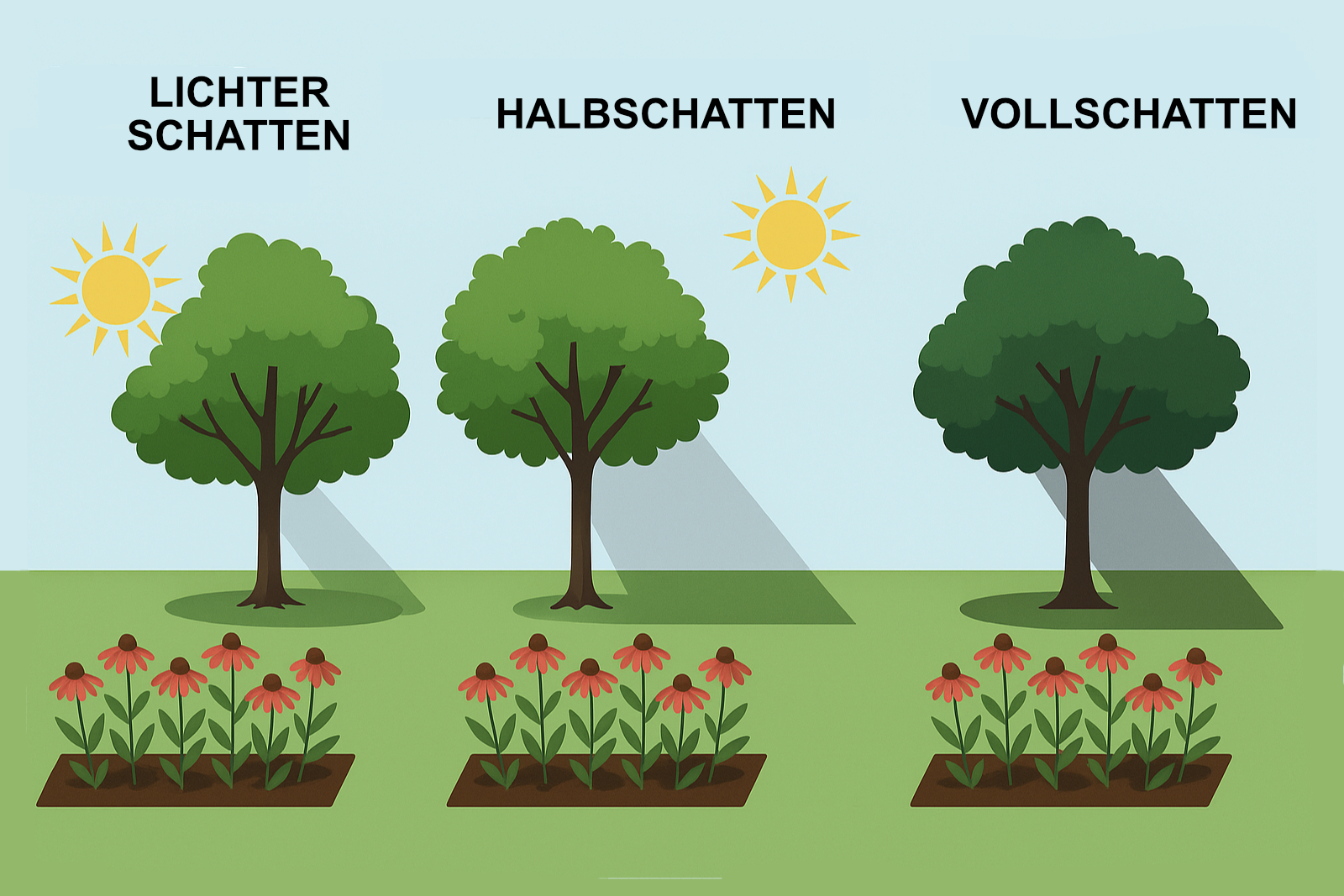 Infografik mit drei Schattenarten im Garten: lichter Schatten, Halbschatten und Vollschatten – jeweils dargestellt mit Sonne, Baum, Schattenwurf und Blumenbeet.